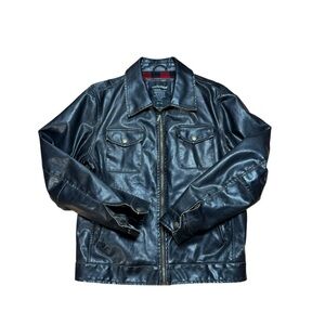 Anchor Blue Faux Leather Vintage Jacket Mens M Lined Plaid Inside Black Brown